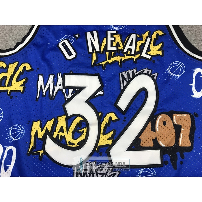 Camiseta Orlando Magic Shaquille O'Neal NO 32 Slap Sticker Mitchell & Ness 1994-95 Azul